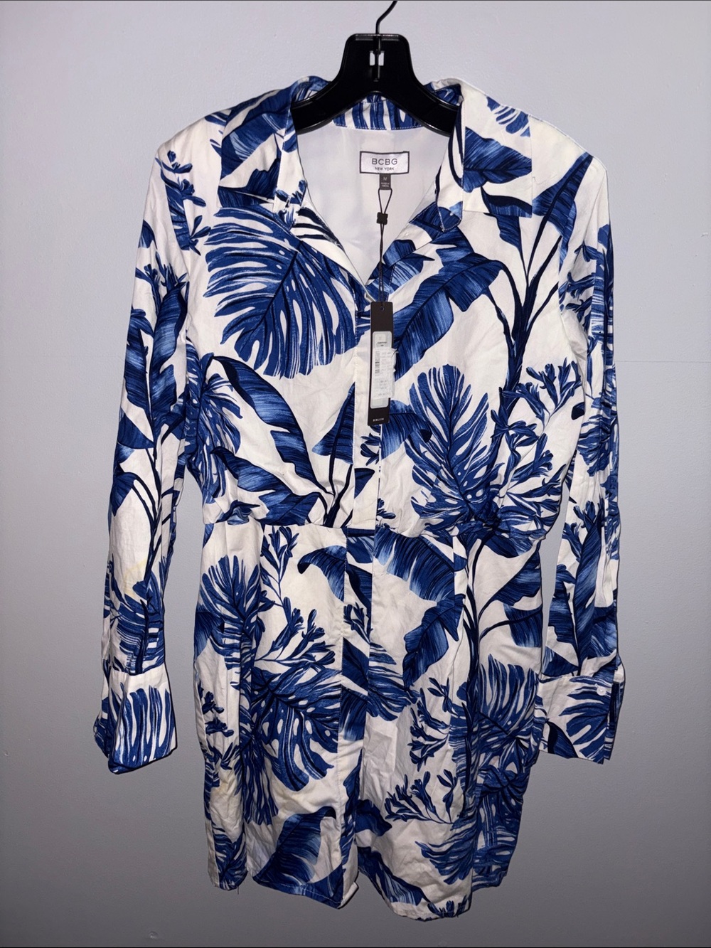 BCBG White & Navy Dress with Bold Blue Tropical Leaf Print